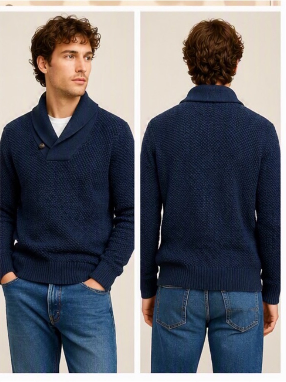 J.Crew Shawl Collar Half-Button Sweater 100% Wool Navy Men’s Medium